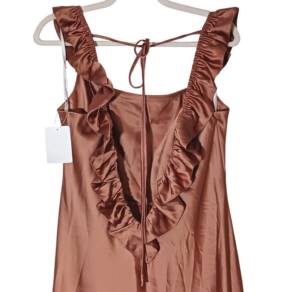 NEW Social Bridesmaids Ruffle Trimmed Open-Back Maxi Slip Dress Toffee‎ Size LB - Picture 7 of 14